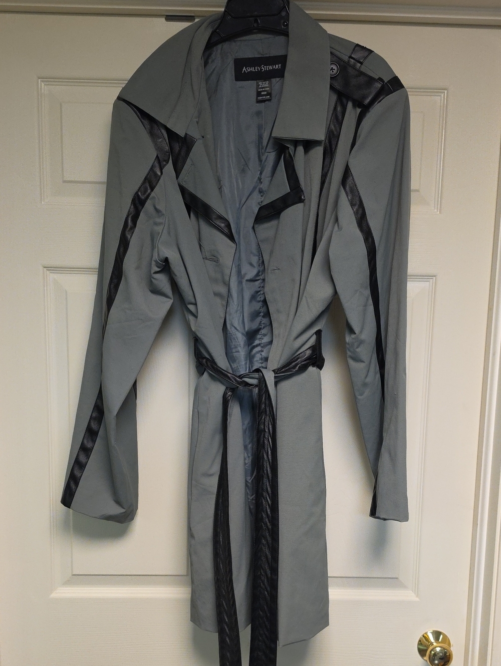 Ashley Stewart Gray Trench Coat with Black Trim and Belt